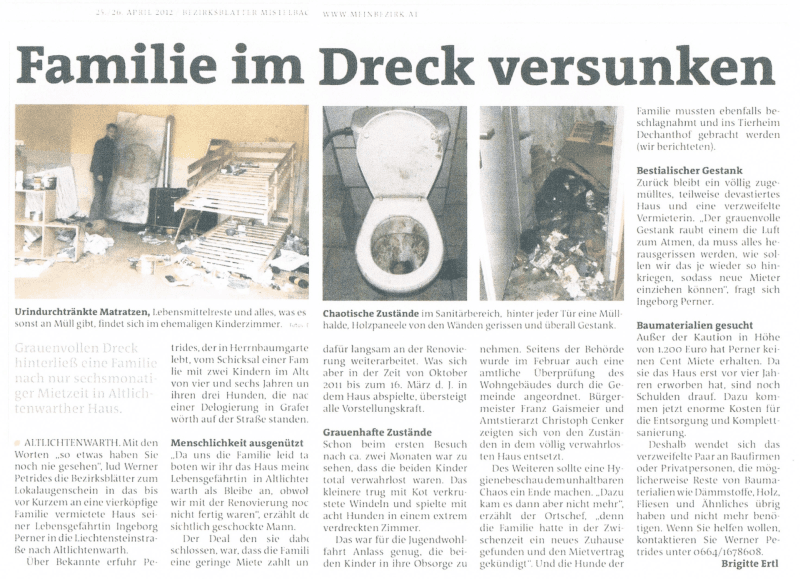 Zeitungsbericht über Rümpel Max: Hilfe bei vermülltem Mietnomaden-Haus in Altlichtenwarth